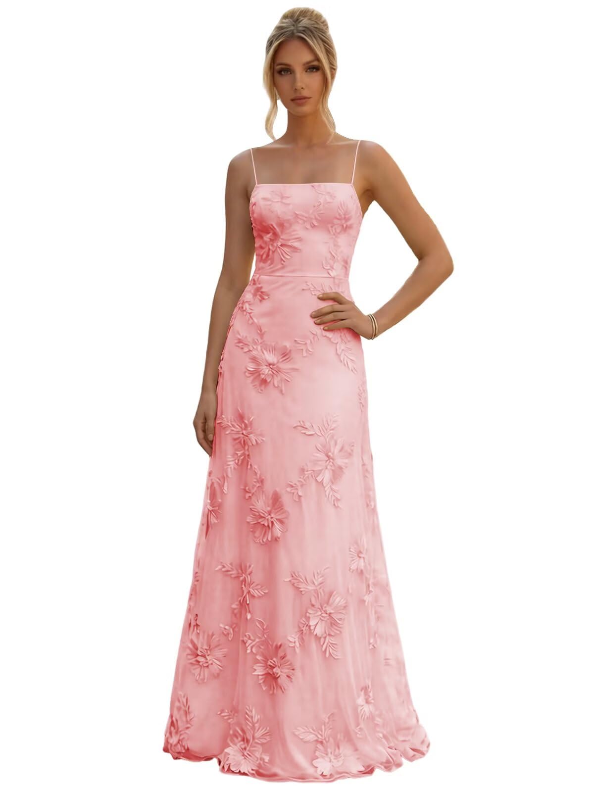 Floral Embroidery Prom Dresses for Women Spaghetti Straps A Line Formal Maxi Dress