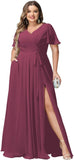 Plus Size Bridesmaid Dresses with Pockets V Neck Chiffon Flutter Sleeves Formal Evening Gowns with Slit