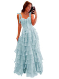 Tiered Prom Dresses with Bow Long A-Line Chiffon Formal Evening Dress for Women Spaghetti Straps Slit Ball Gown