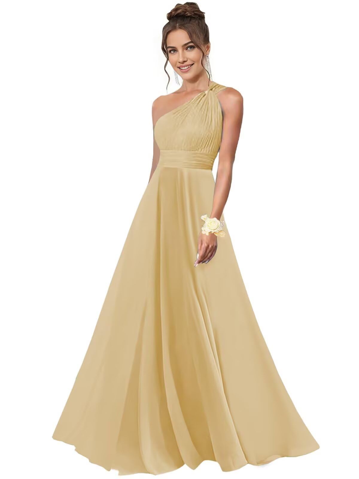 One Shoulder Bridesmaid Dresses for Women Chiffon A Line Pleated Long Formal Gowns with Pockets