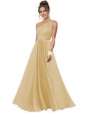 One Shoulder Bridesmaid Dresses for Women Chiffon A Line Pleated Long Formal Gowns with Pockets