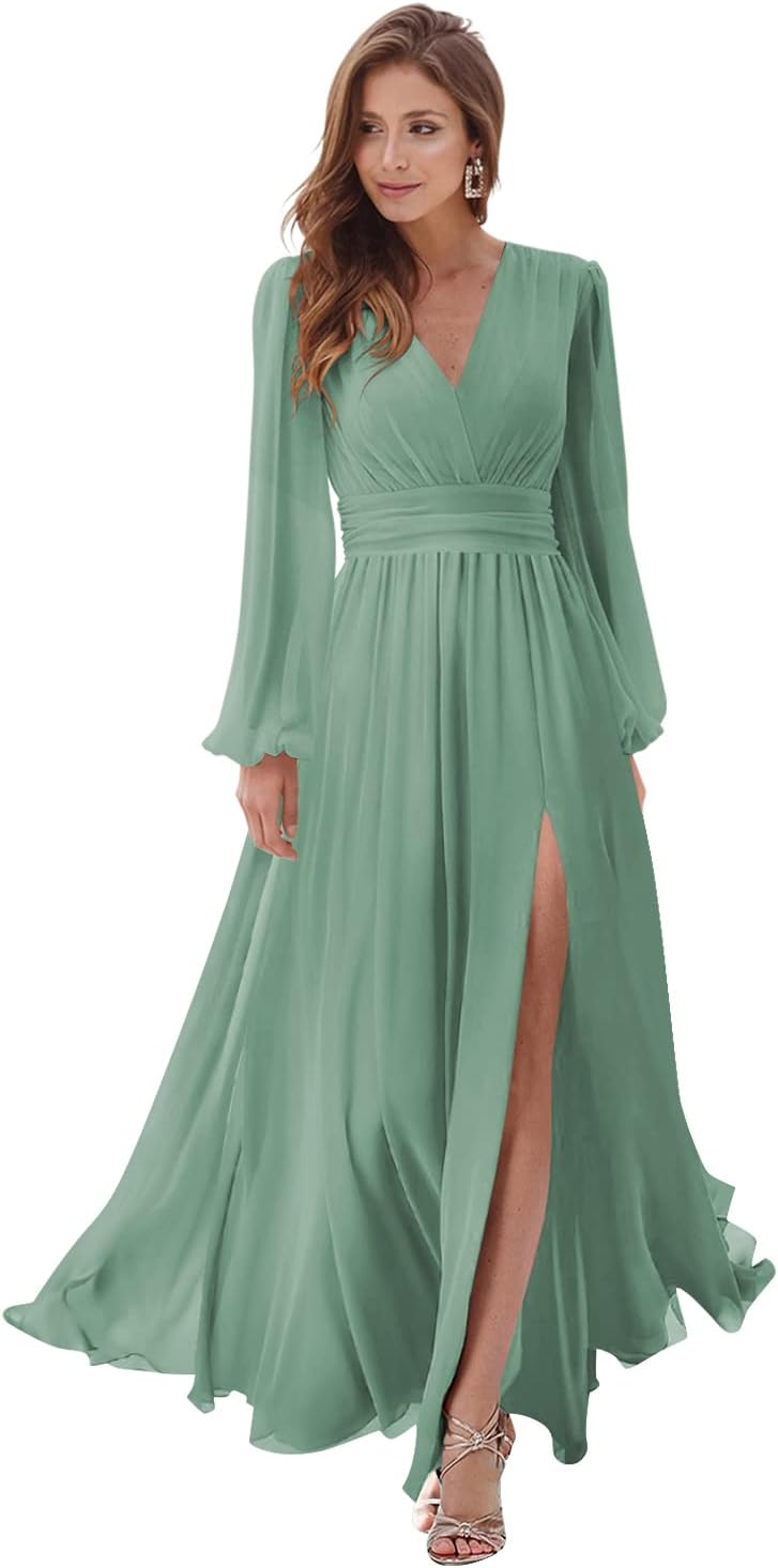 Women's Long Sleeve Bridesmaid Dresses with Slit V Neck A Line Chiffon Formal Evening Gowns with Pockets Mother of the Bride Gowns