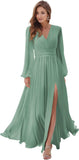 Women's Long Sleeve Bridesmaid Dresses with Slit V Neck A Line Chiffon Formal Evening Gowns with Pockets Mother of the Bride Gowns
