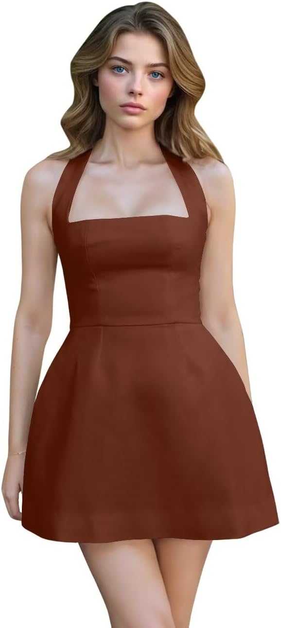 Satin Halter Homecoming Dresses for Teens Short Prom Dress 2027 Mini Formal Evening Cocktail Gowns with Pockets