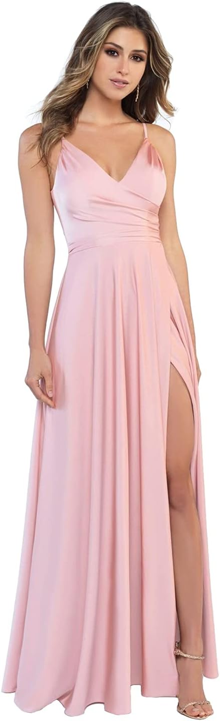Damen-Brautjungfernkleider aus Satin mit V-Ausschnitt und Schlitz, Spaghettiträgern, formelle Ballkleider mit Taschen 