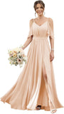 Women's Cold Shoulder Ruffle Sleeves Bridesmaid Dresses for Women 2025 Pleated Chiffon Formal Dresses with Slit