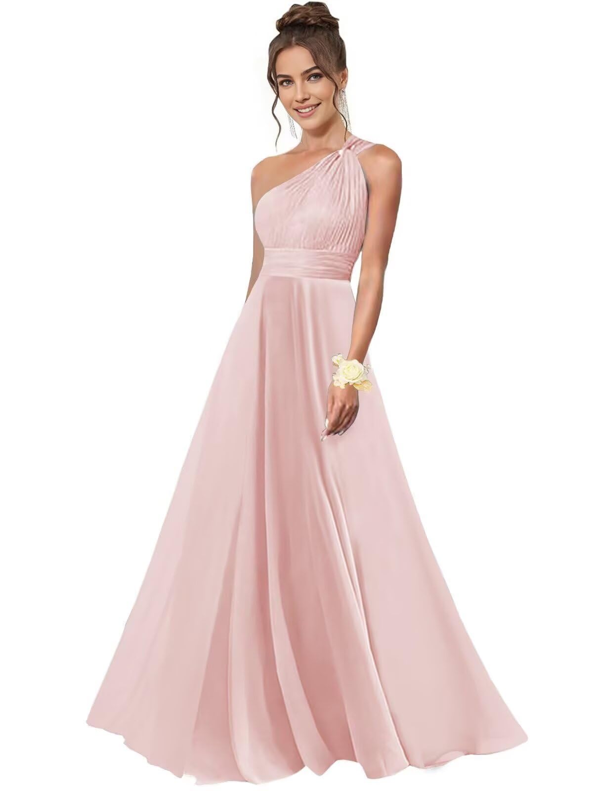 One Shoulder Bridesmaid Dresses for Women Chiffon A Line Pleated Long Formal Gowns with Pockets