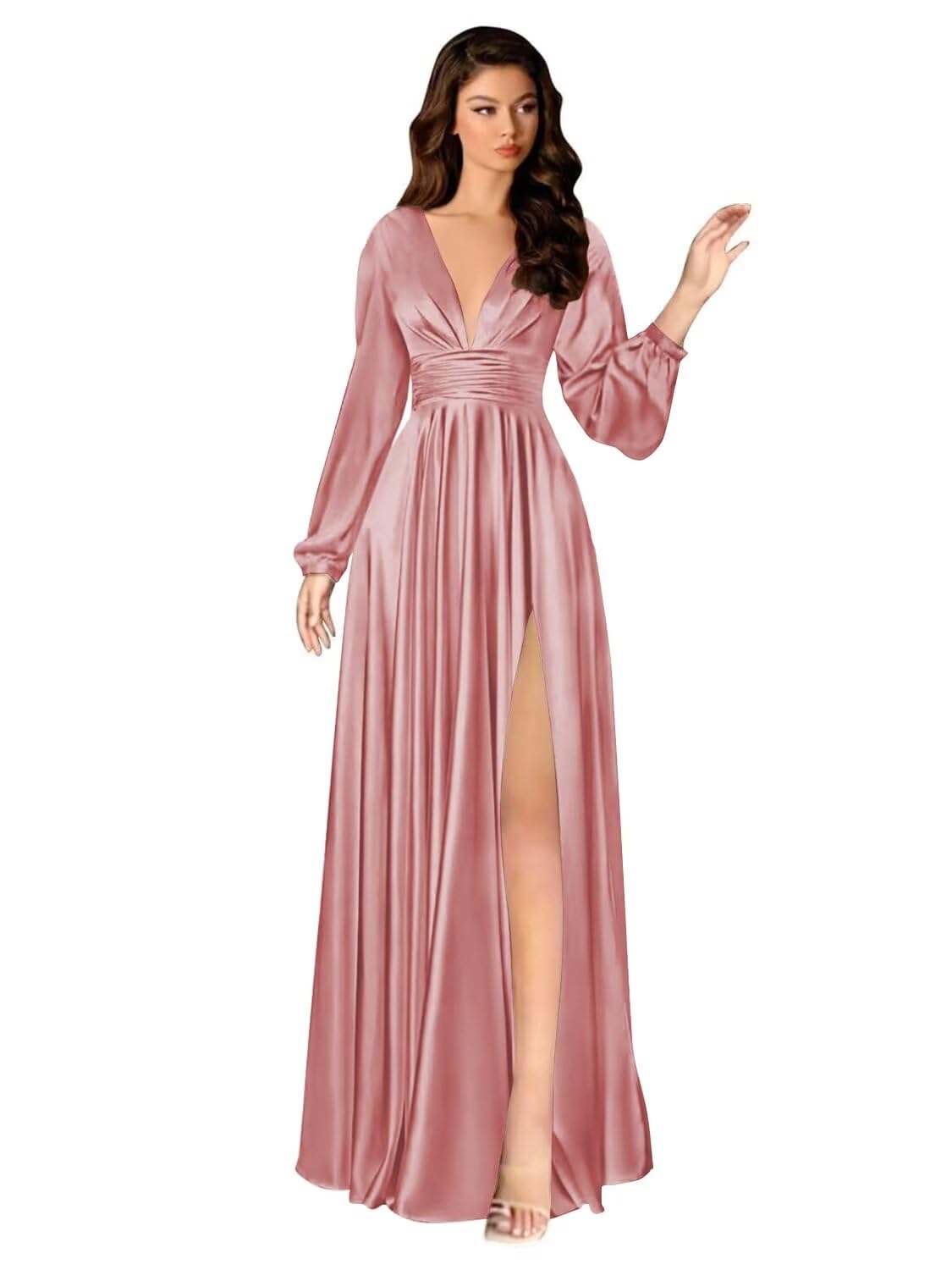 Kingbridal Gowns Long Sleeve Satin Bridesmaid Dresses for Women Long A-Line V-Neck Pleated Formal Evening Party Ball Gown with Slit