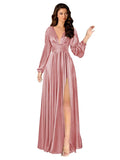 Kingbridal Gowns Long Sleeve Satin Bridesmaid Dresses for Women Long A-Line V-Neck Pleated Formal Evening Party Ball Gown with Slit