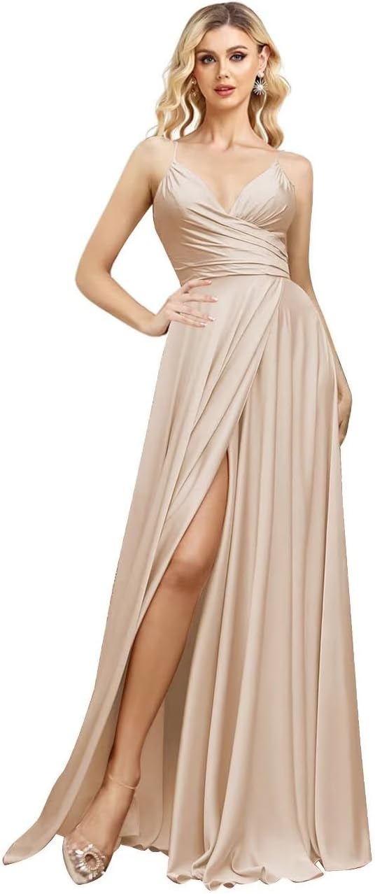 V Neck Satin Bridesmaid Dresses Spaghetti Straps Prom Dress Slit Wedding Formal Evening Party Dress