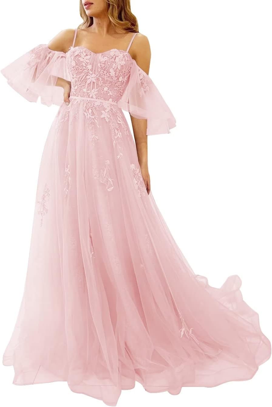 Vestidos de fiesta de tul con hombros descubiertos para adolescentes, vestidos formales con apliques de encaje, vestido de fiesta de noche formal de línea A