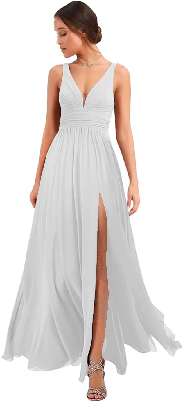Women's Deep V Neck Bridesmaid Dresses with Slit Chiffon Pleats A Line Formal Party Dresses with Pockets