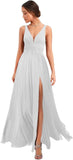 Women's Deep V Neck Bridesmaid Dresses with Slit Chiffon Pleats A Line Formal Party Dresses with Pockets