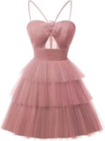 Tulle Homecoming Dresses 2027 Layered Spaghetti Straps Short Prom Dress A-Line Prom Cocktail Party Gown