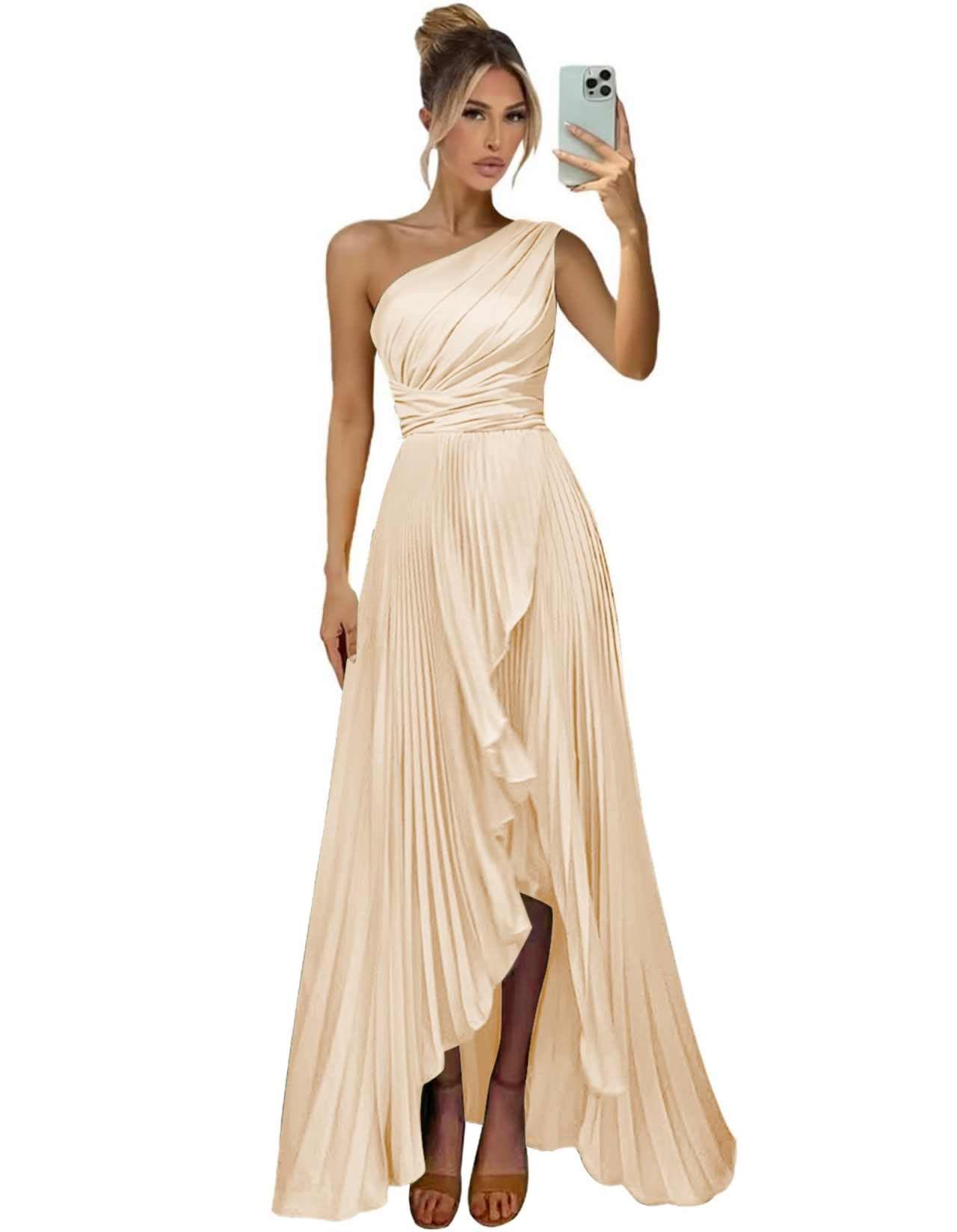 One Shoulder Bridesmaid Dresses for Women Satin Pleated Long A Line Formal Prom Evening Party Dress with Slit