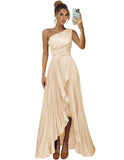 One Shoulder Bridesmaid Dresses for Women Satin Pleated Long A Line Formal Prom Evening Party Dress with Slit