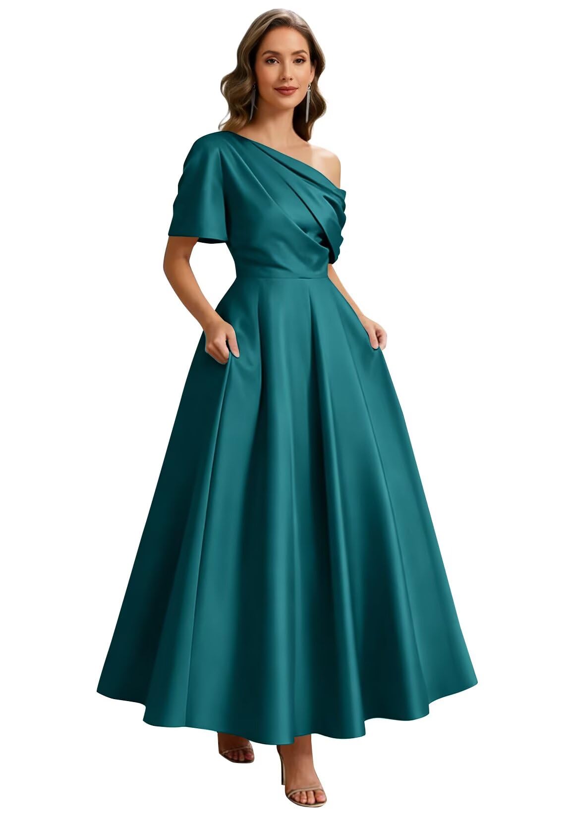 Kingbridal Satin Mother of The Bride Dresses for Women Tea Length Formal Dress One Shoulder Evening Party Gowns with Pockets