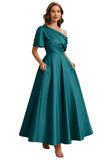 Kingbridal Satin Mother of The Bride Dresses for Women Tea Length Formal Dress One Shoulder Evening Party Gowns with Pockets