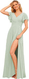 V Neck Bridesmaid Dresses for Women with Slit 2025 Flutter Sleeve Chiffon Pleats Formal Dress with Pockets