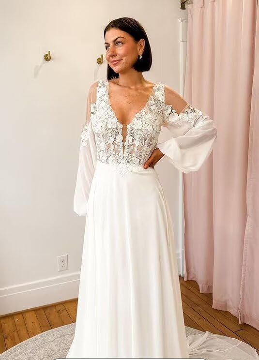 Women's Elegant Lace Beach Wedding Dresses for Bride 2025 with Sleeves Wedding Bridal Gowns