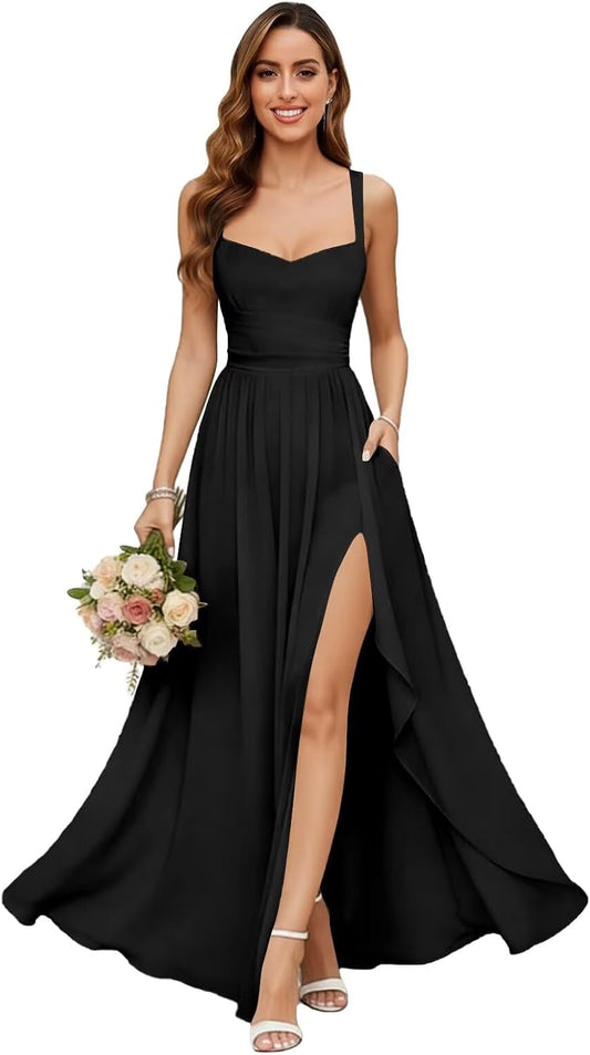Chiffon Bridesmaid Dresses for Women Long Spaghetti Straps A-line Pleated Formal Evening Party Gowns with Pockets