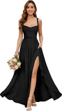 Chiffon Bridesmaid Dresses for Women Long Spaghetti Straps A-line Pleated Formal Evening Party Gowns with Pockets