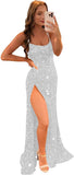Women's Sequin Mermaid Prom Dresses with Slit Glitter Criss-Cross Long Formal Evening Gowns
