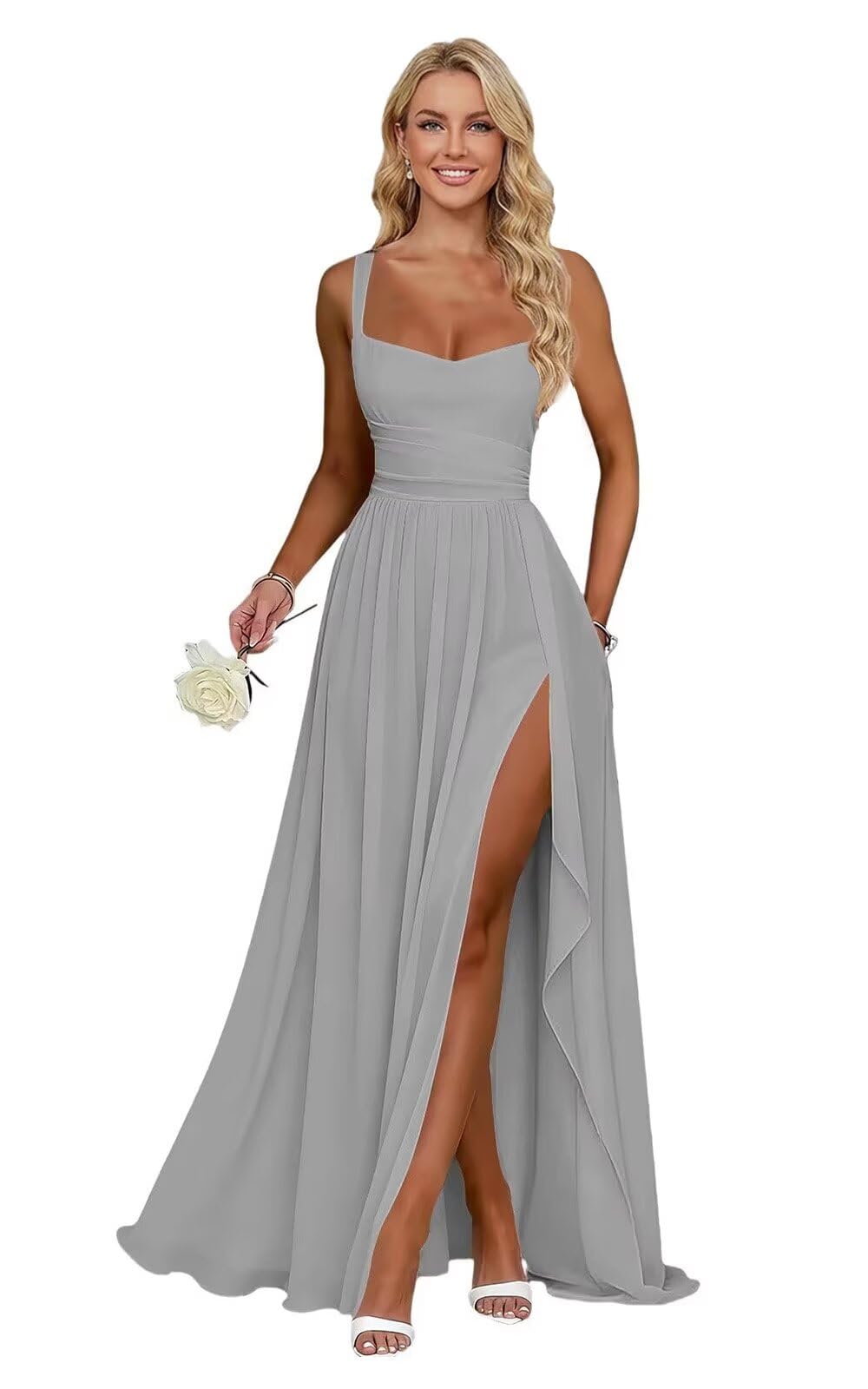 Ruffle Chiffon Bridesmaid Dress Long Square Neck Pleated Formal Gowns with Slit for Women Plus Size Spaghetti Straps Ruffles