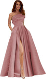 Women's One Shoulder Prom Dresses Long Satin Side Slit Formal Evening Gowns with Pockets