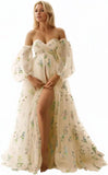 Flower Embroidery Tulle Maternity Dresses for Photoshoot Long Puffy Sleeve Off Shoulder Pregnancy Baby Shower Dress