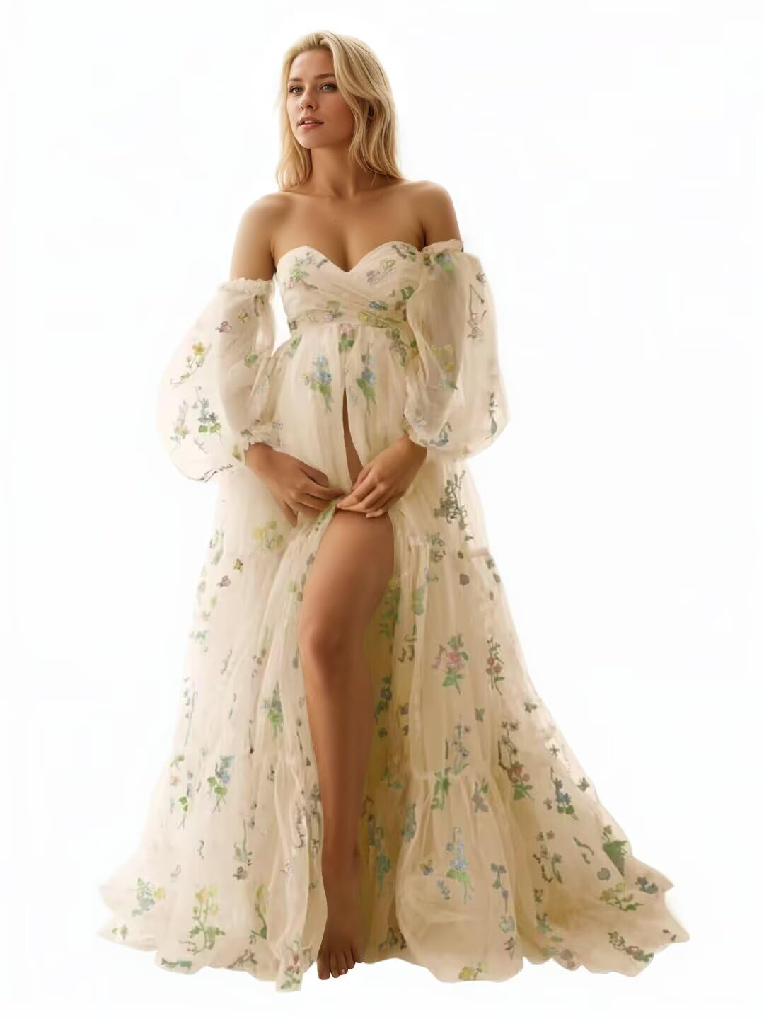 Kingbridal Gowns Flower Embroidery Tulle Maternity Dresses for Photoshoot Long Puffy Sleeve Off Shoulder Pregnancy Baby Shower Dress