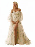 Kingbridal Gowns Flower Embroidery Tulle Maternity Dresses for Photoshoot Long Puffy Sleeve Off Shoulder Pregnancy Baby Shower Dress