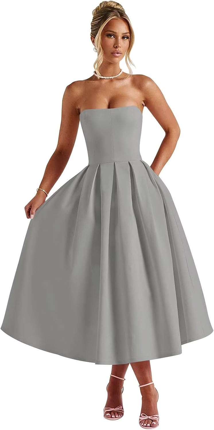 Strapless Satin Tea Length Prom Dresses for Women 2027 A-Line Corset Backless Cocktail Bridesmaid Dress with Pocket