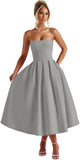 Strapless Satin Tea Length Prom Dresses for Women 2027 A-Line Corset Backless Cocktail Bridesmaid Dress with Pocket