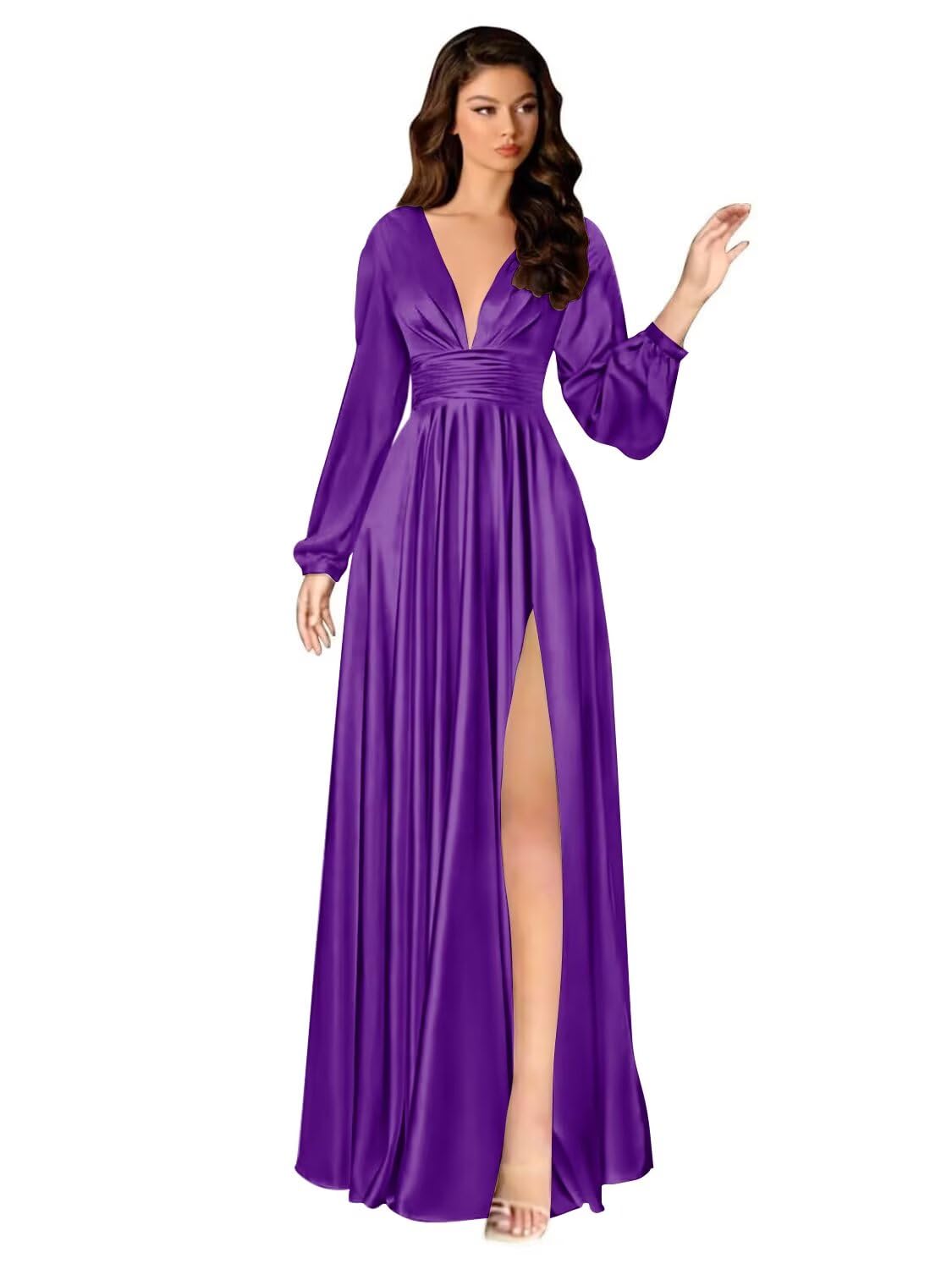 Kingbridal Gowns Long Sleeve Satin Bridesmaid Dresses for Women Long A-Line V-Neck Pleated Formal Evening Party Ball Gown with Slit