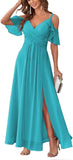 Women's Cold Shoulder Bridesmaid Dresses Long Summer Side Slit Chiffon Formal Evening Gown with Pockets