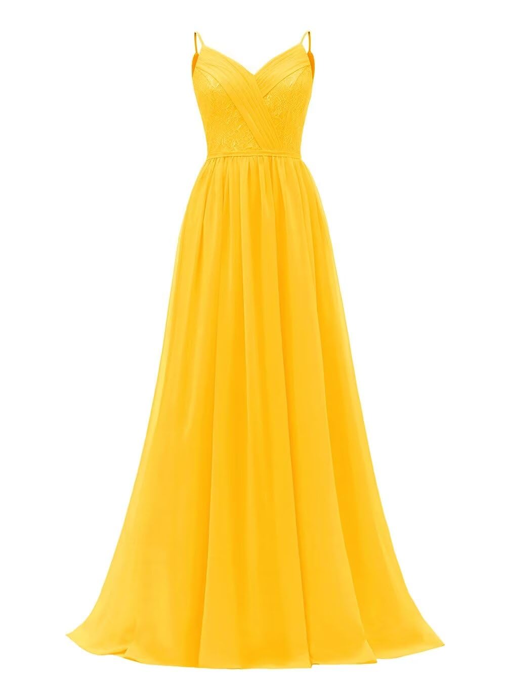 Women's Lace Chiffon Bridesmaid Dresses for Wedding Long Spaghetti Straps Bodice Formal Party Gown with Pockets