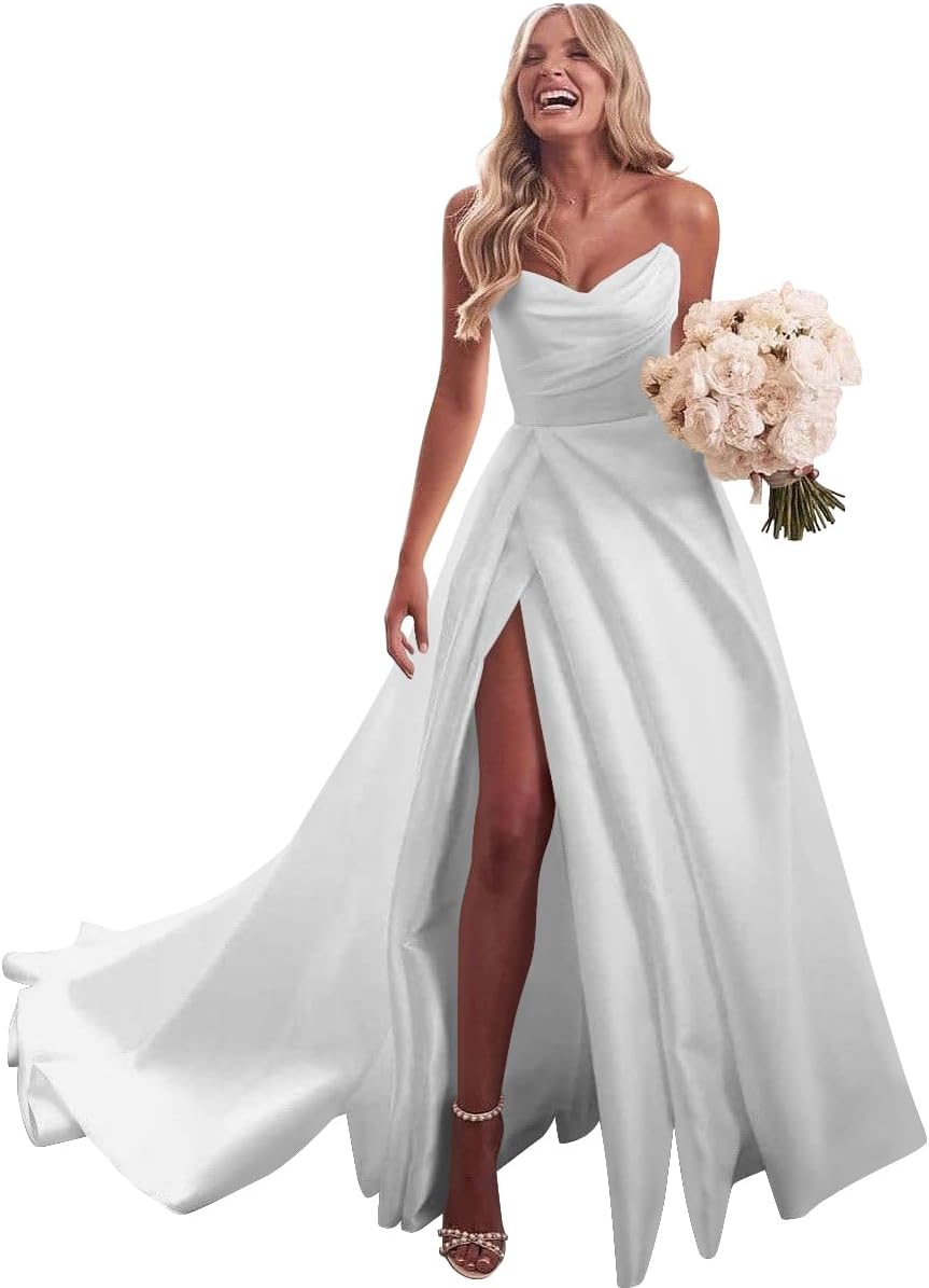 Strapless Satin Prom Wedding Dresses with Slit Long Pleats Formal Ball Bridal Gowns with Pockets