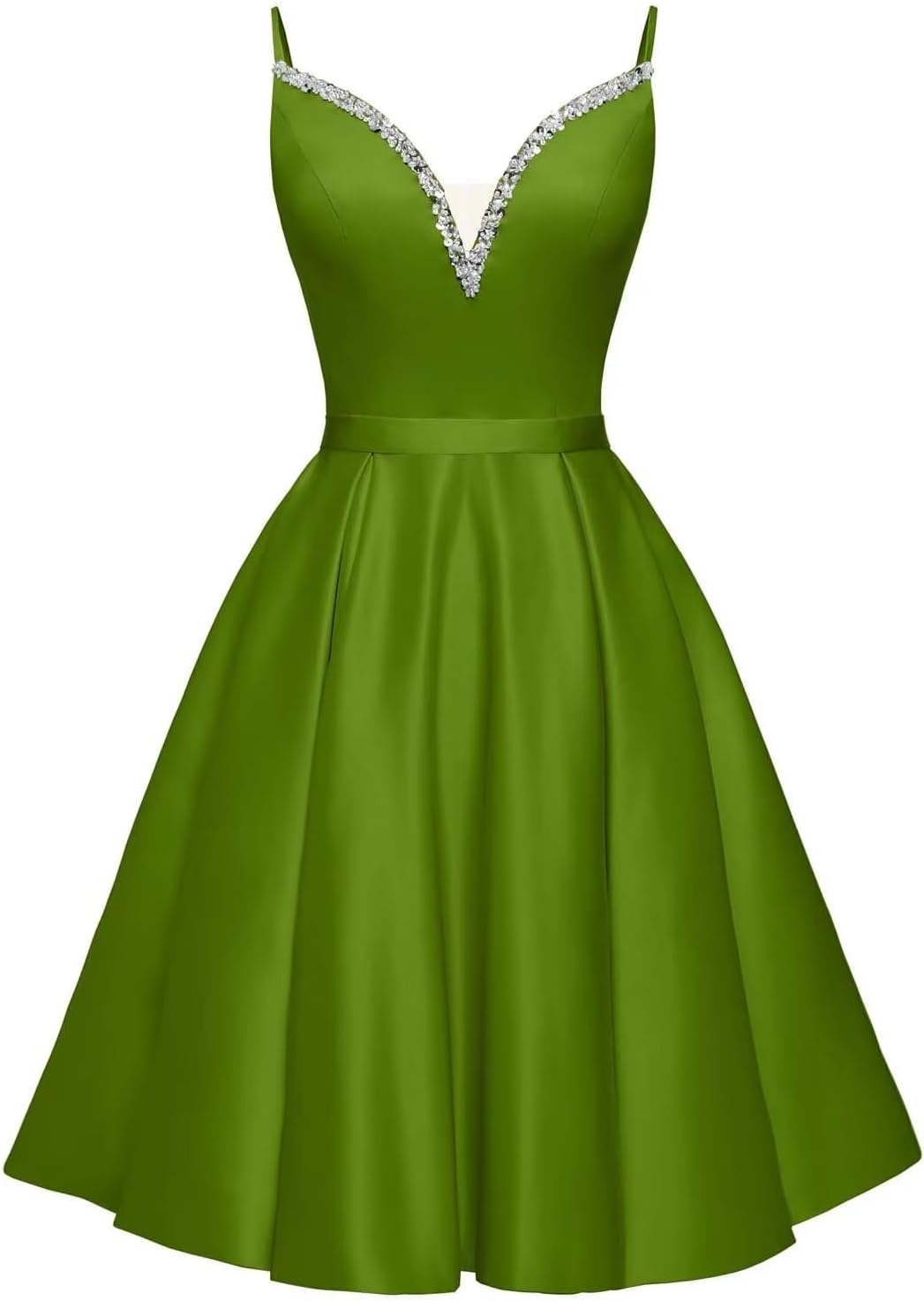 Spaghetti Straps Satin Homecoming Dresses for Teens V-Neck Short Prom Dress A-Line Beaded Cocktail Party Gowns