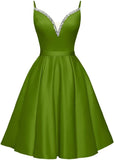 Spaghetti Straps Satin Homecoming Dresses for Teens V-Neck Short Prom Dress A-Line Beaded Cocktail Party Gowns
