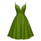 Spaghetti Straps Satin Homecoming Dresses for Teens V-Neck Short Prom Dress A-Line Beaded Cocktail Party Gowns