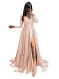 Long Sleeve Sequin Prom Dresses for Women 2027 Satin Formal Dress Sparkly Slit Evening Party Gown with Pocket