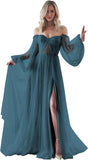 Women's Puffy Long Sleeve Prom Dresses with Slit Off Shoulder Tulle Wedding Formal Evening Gowns