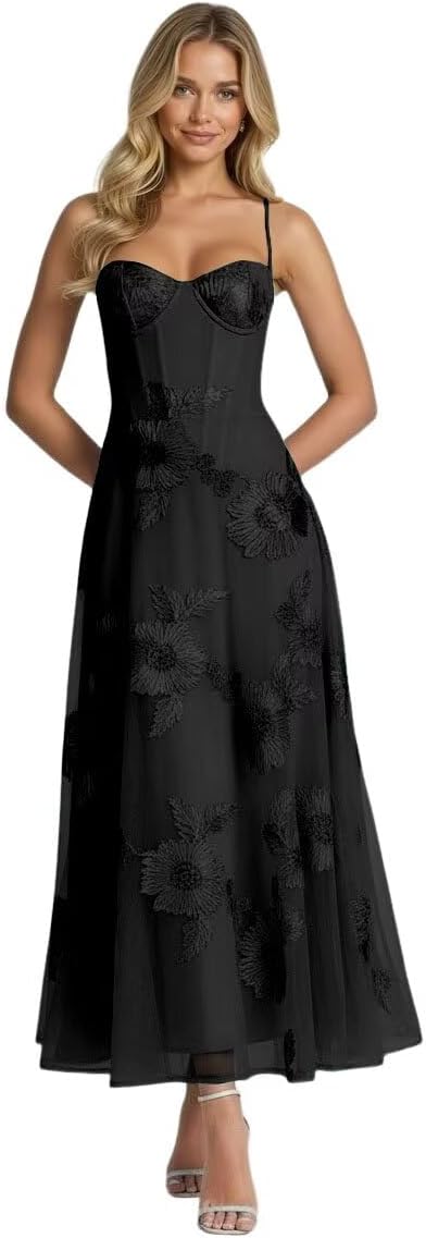 Floral Jacquard Tulle Prom Dresses Spaghetti Straps Formal Evening Party Dress Tea Length Gown