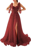 Appliques Tulle Lace Prom Dresses with Slit Spaghetti Straps Formal Evening Dress Sweetheart Ball Gowns