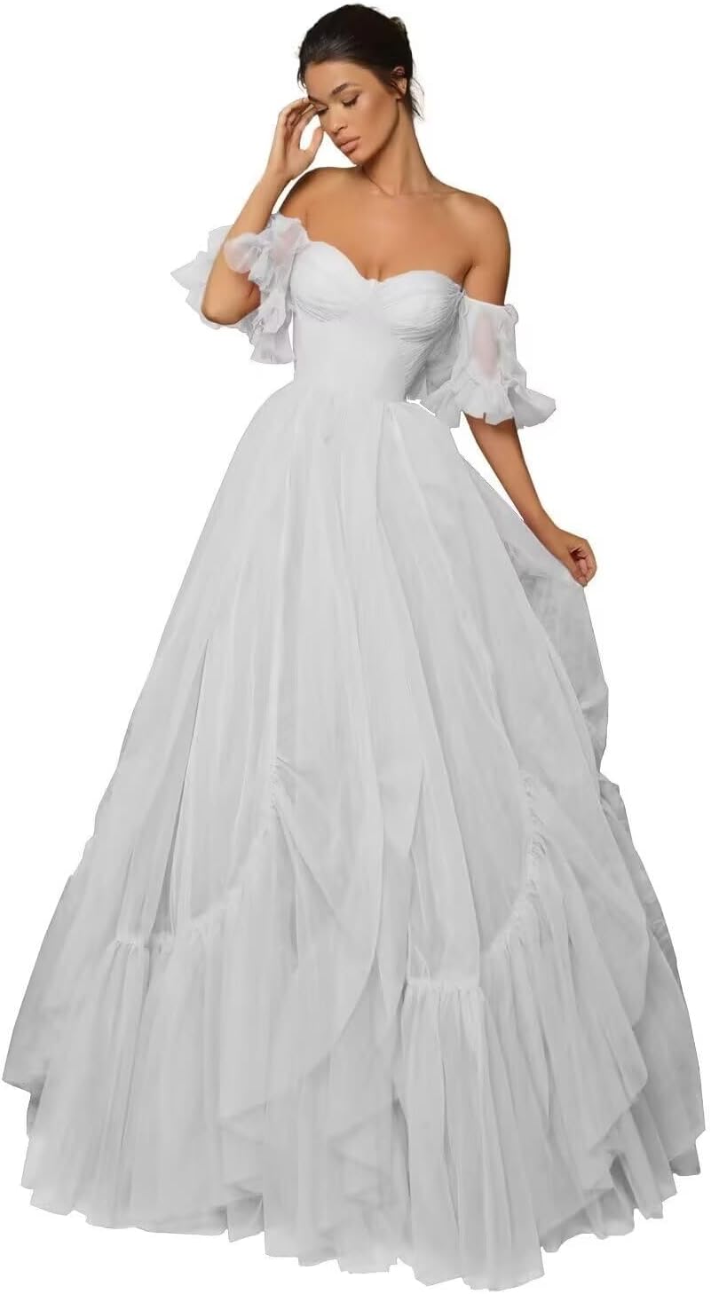 A-line Ruffled Short Sleeve Tulle Prom Dress for Women, Sweetheart Formal Gown Off The Shoulder Long Party Dress