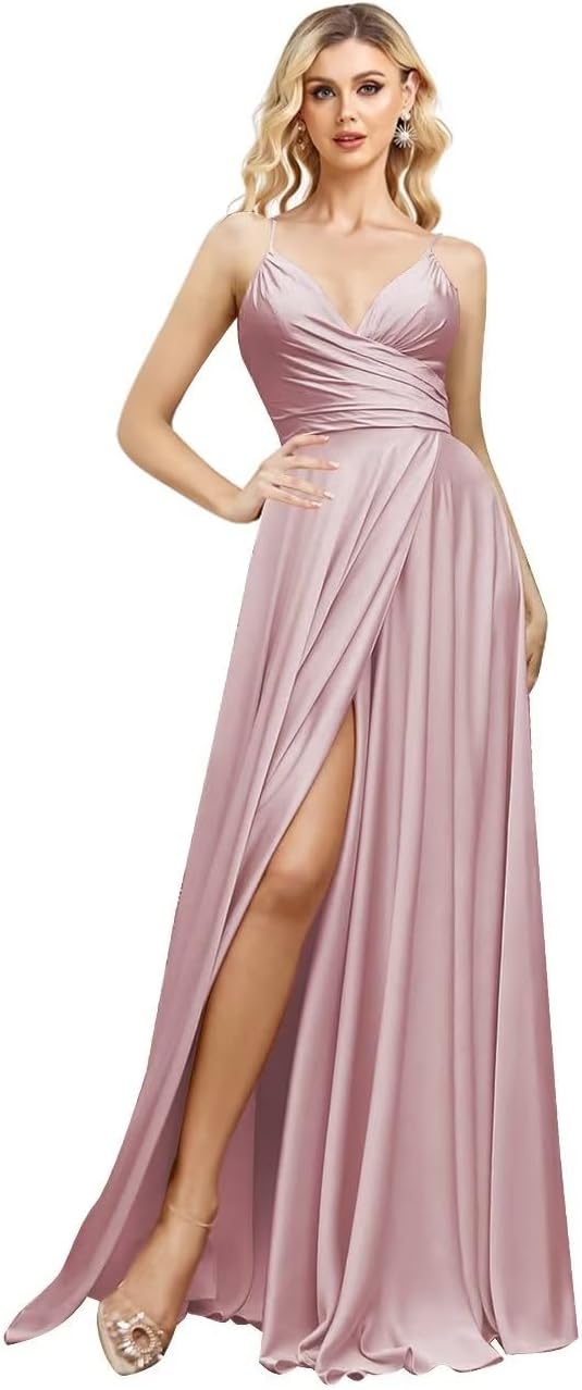 V Neck Satin Bridesmaid Dresses Spaghetti Straps Prom Dress Slit Wedding Formal Evening Party Dress