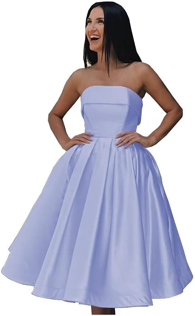 Tea Length Satin Cocktail Party Dresses for Women, Strapless Formal Evening Prom Gown Homecoming Graduation Dresses