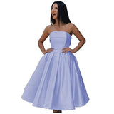 Tea Length Satin Cocktail Party Dresses for Women, Strapless Formal Evening Prom Gown Homecoming Graduation Dresses