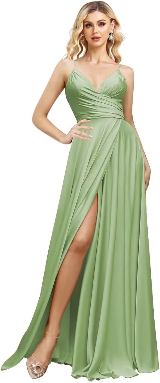 V Neck Satin Bridesmaid Dresses Spaghetti Straps Prom Dress Slit Wedding Formal Evening Party Dress